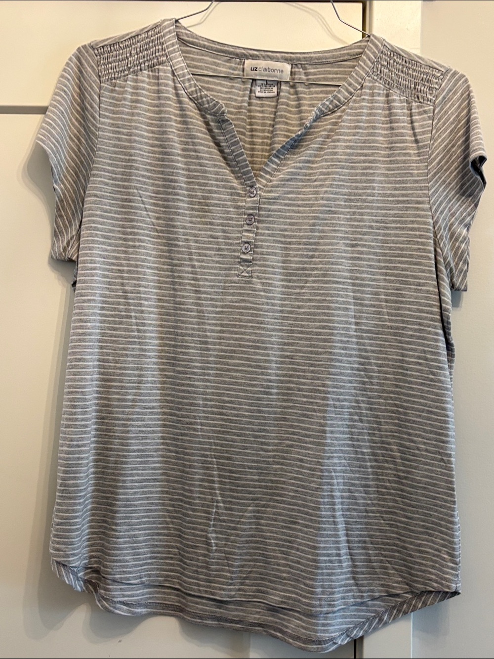 Liz Claiborne Gray and White Striped Short-Sleeve Henley